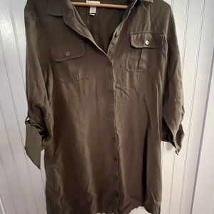 Chicos Olive Green Button-Up Shirt Dress